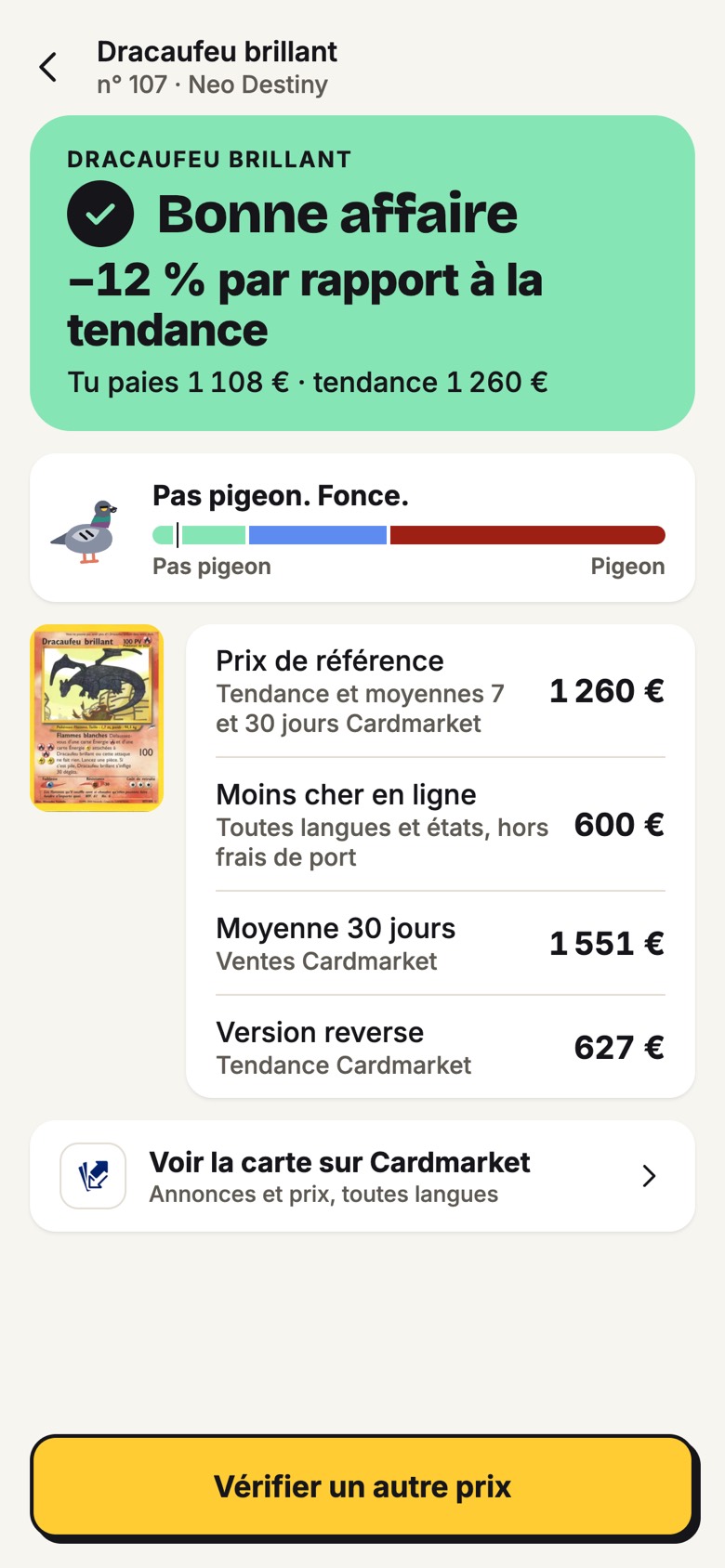 Verdict Nopijo pour un Dracaufeu brillant à 1 108 € : bonne affaire, −12 % par rapport à la tendance
